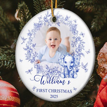 Baby's First Christmas For Baby Girl, Baby Boy Toile De Jouy - Personalized Ceramic Photo Ornament